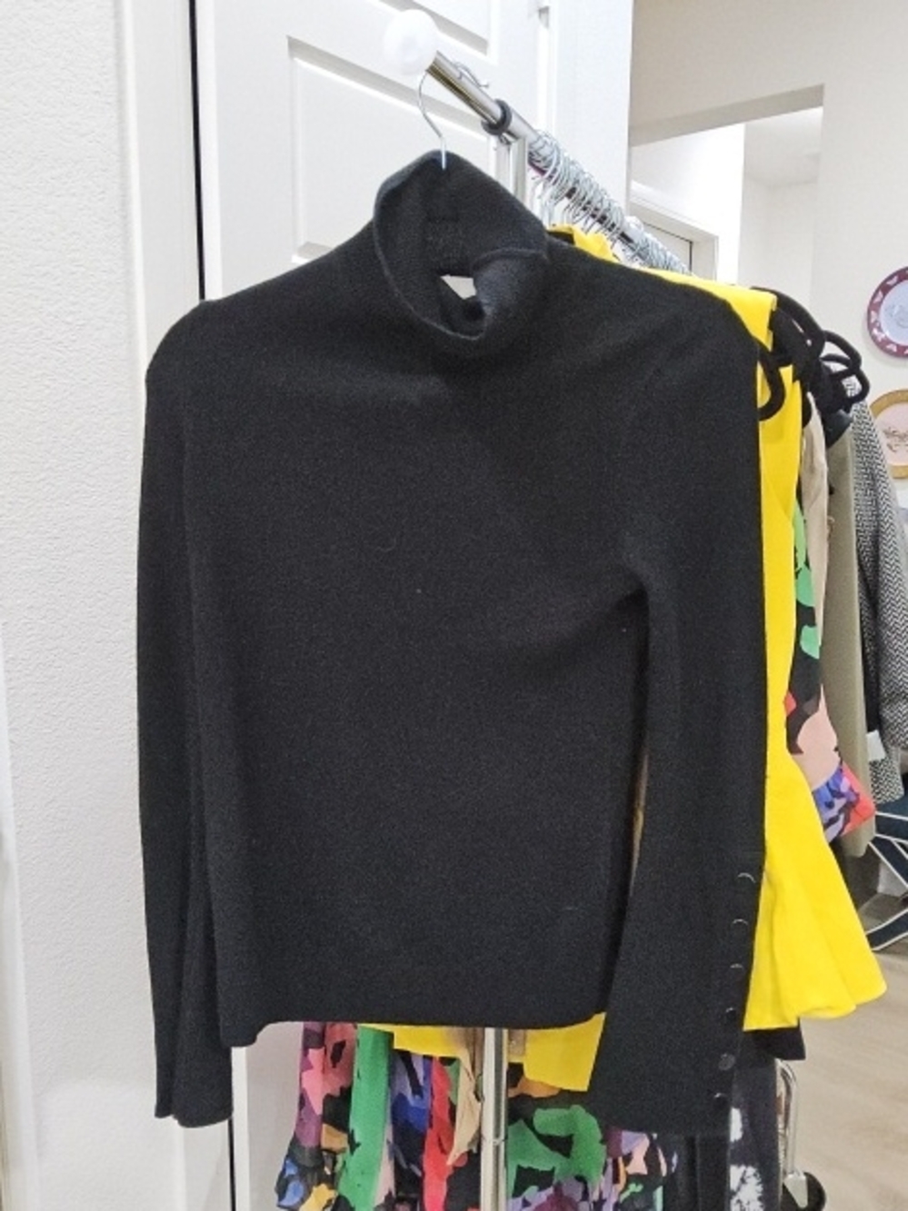 Ramy Brook Black Turtleneck Sweater with Sleeve Button Detail